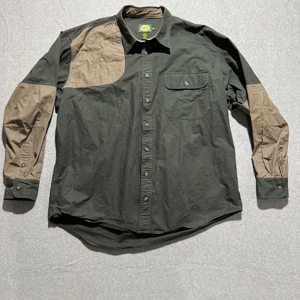 Cabelas Mens 2XL Tall Shooting Green Khaki Cotton Long Sleeve Button Up hunting